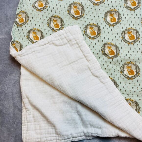 Patina Vie Baby Blanket Fox & Baby Print Green 100% Cotton Muslin 42” Square - Picture 2 of 5